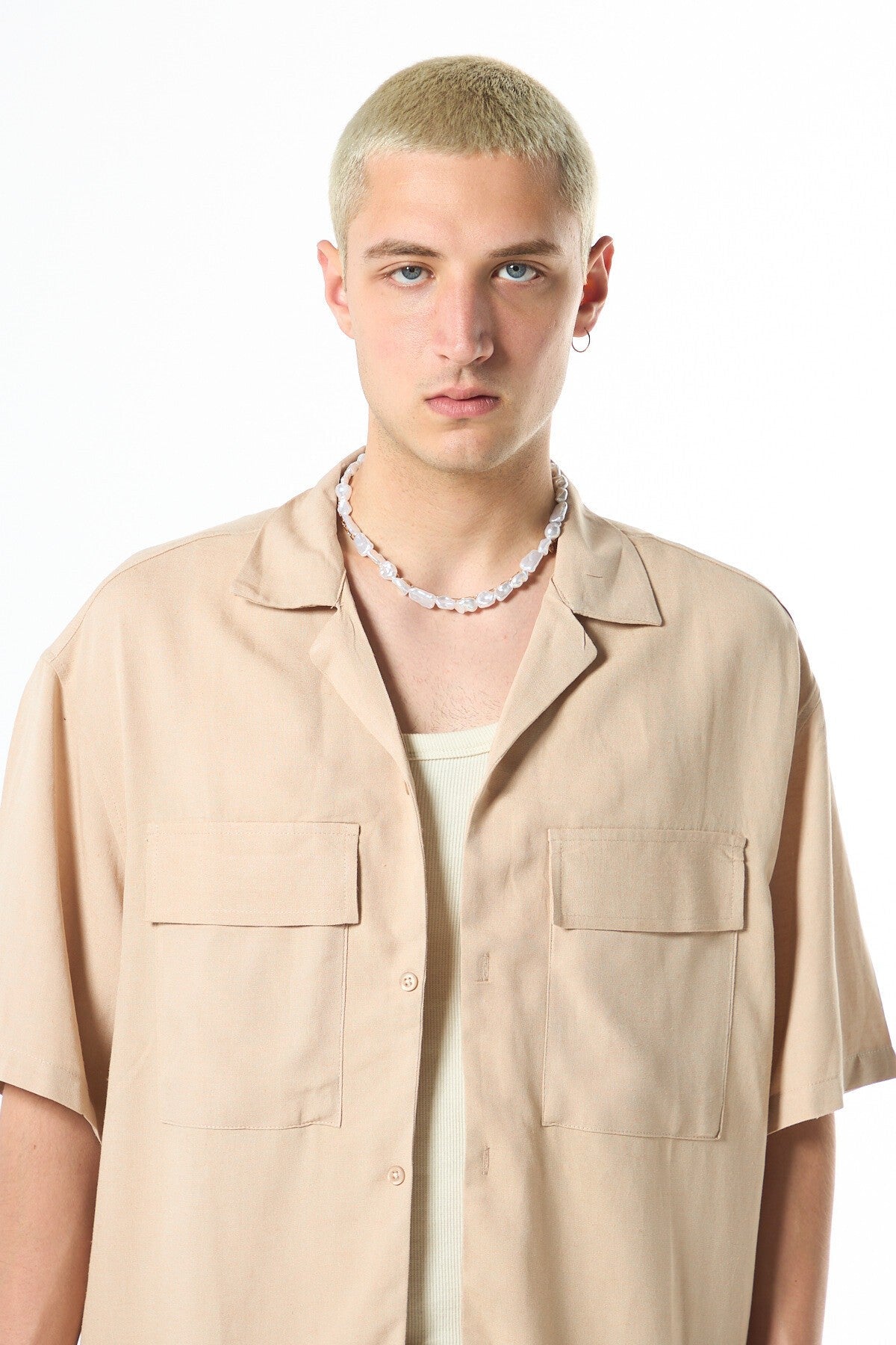 Oversized Short-Sleeve Linen Shirt with Two Pockets