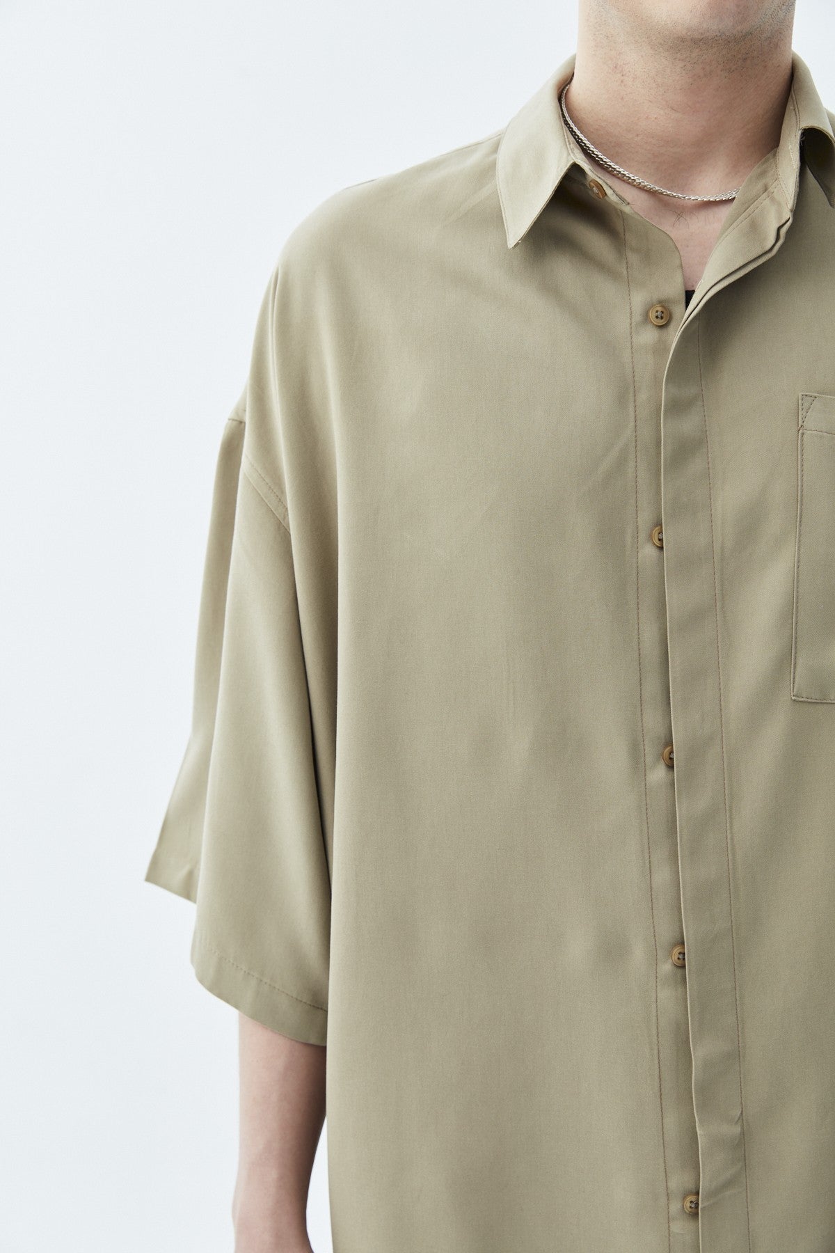 Oversized Short-Sleeve Linen Shirt with One Pocket