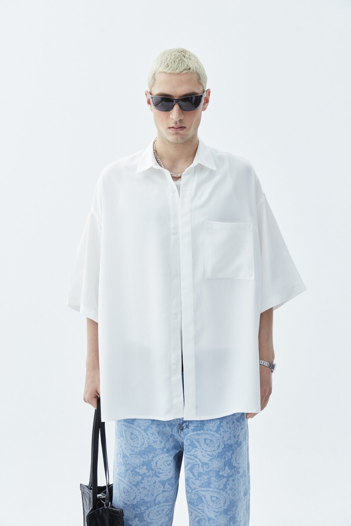 Oversized Short-Sleeve Linen Shirt with One Pocket