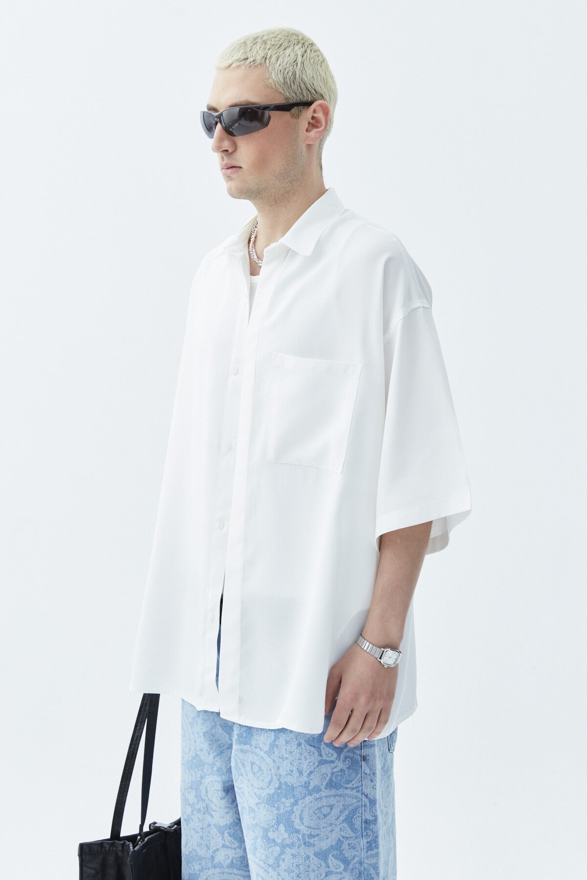Oversized Short-Sleeve Linen Shirt with One Pocket