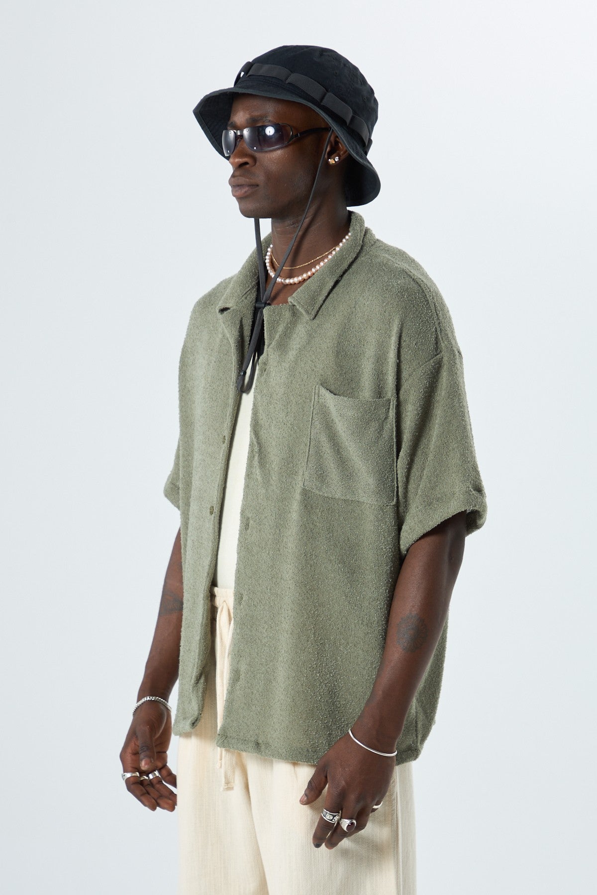 Oversized Towel-Weave Short-Sleeve Single-Pocket Shirt