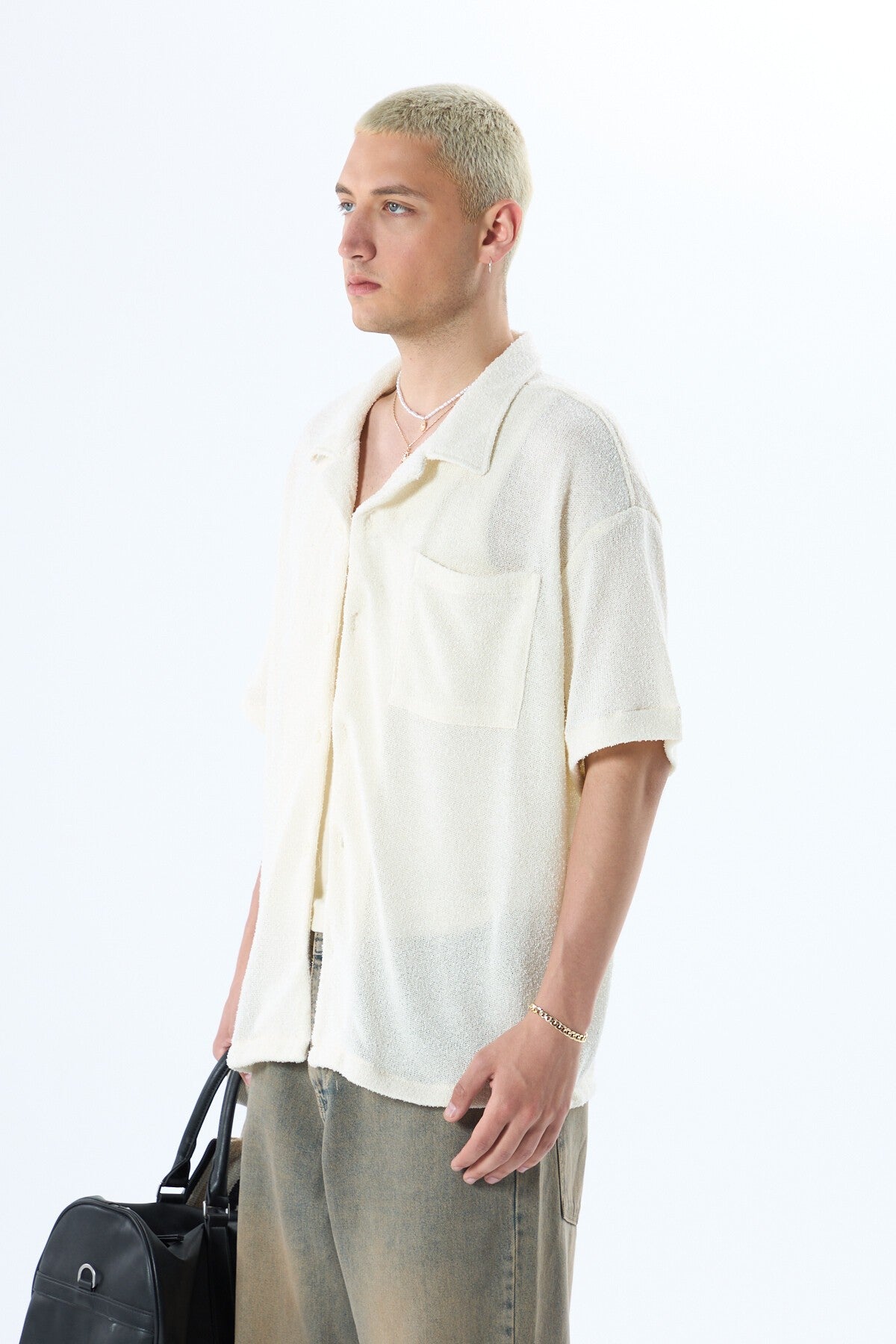 Oversized Towel-Weave Short-Sleeve Single-Pocket Shirt