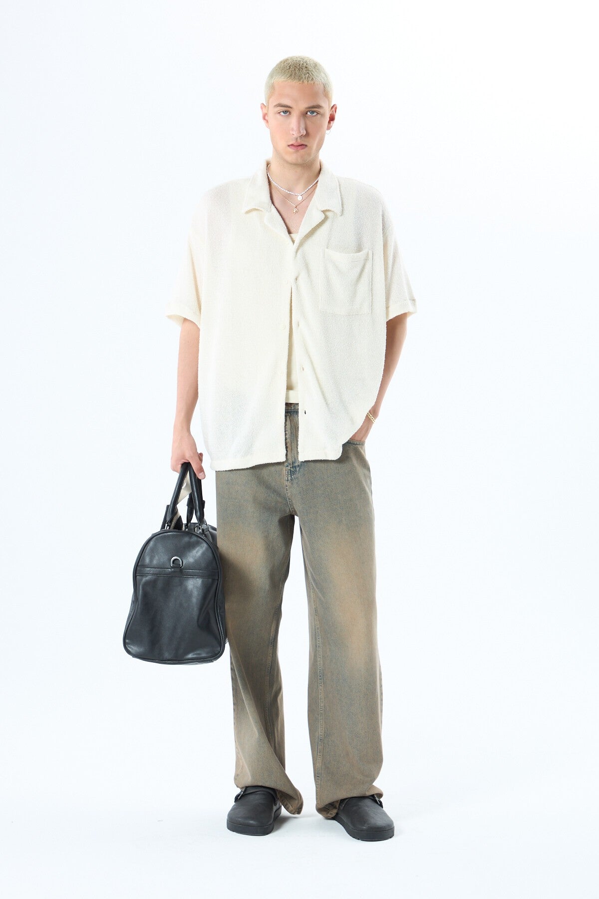 Oversized Towel-Weave Short-Sleeve Single-Pocket Shirt