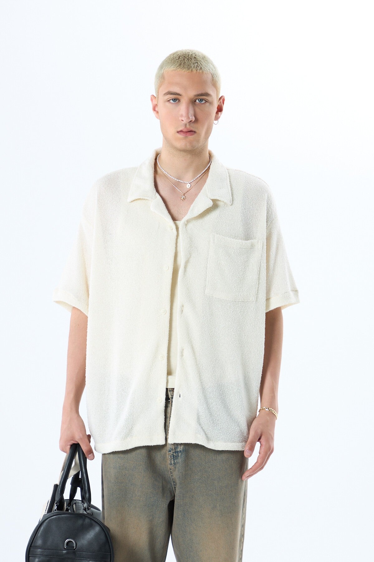 Oversized Towel-Weave Short-Sleeve Single-Pocket Shirt