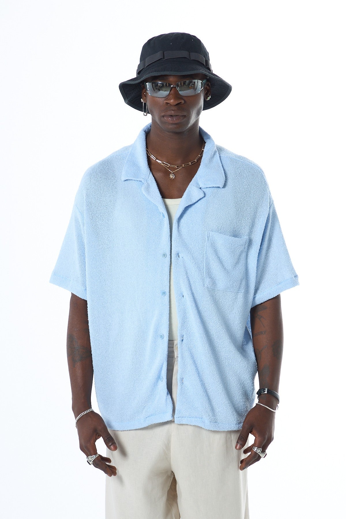 Oversized Towel-Weave Short-Sleeve Single-Pocket Shirt