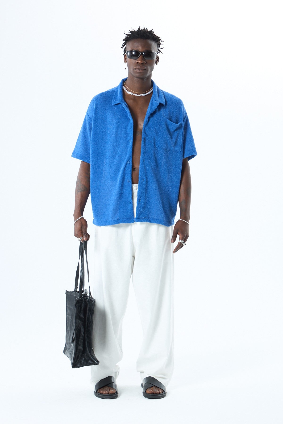 Oversized Towel-Weave Short-Sleeve Single-Pocket Shirt