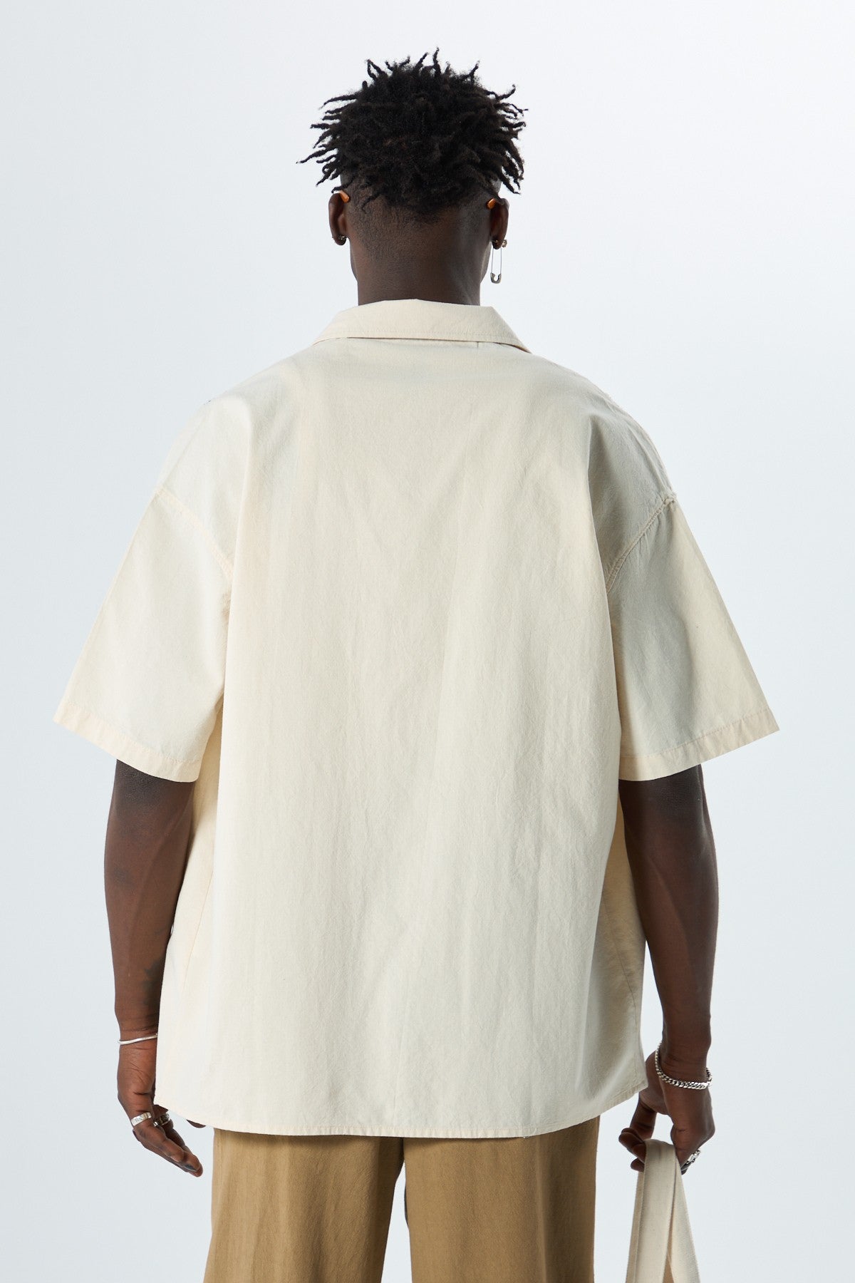 Oversized Short-Sleeve Linen Shirt with Embroidery Details and No Pockets