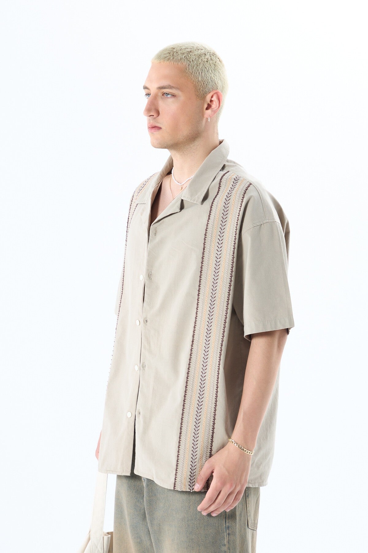 Oversized Short-Sleeve Linen Shirt with Embroidery Details and No Pockets