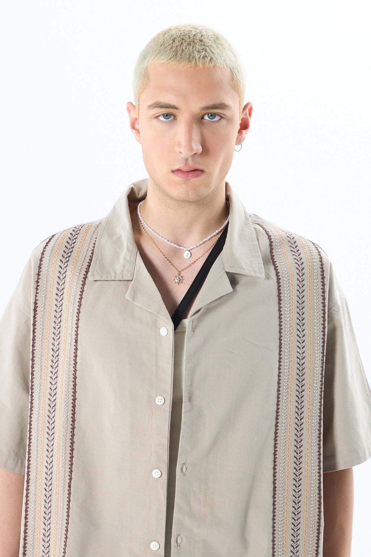 Oversized Short-Sleeve Linen Shirt with Embroidery Details and No Pockets