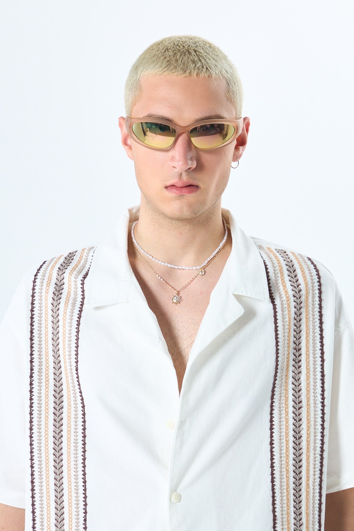 Oversized Short-Sleeve Linen Shirt with Embroidery Details and No Pockets
