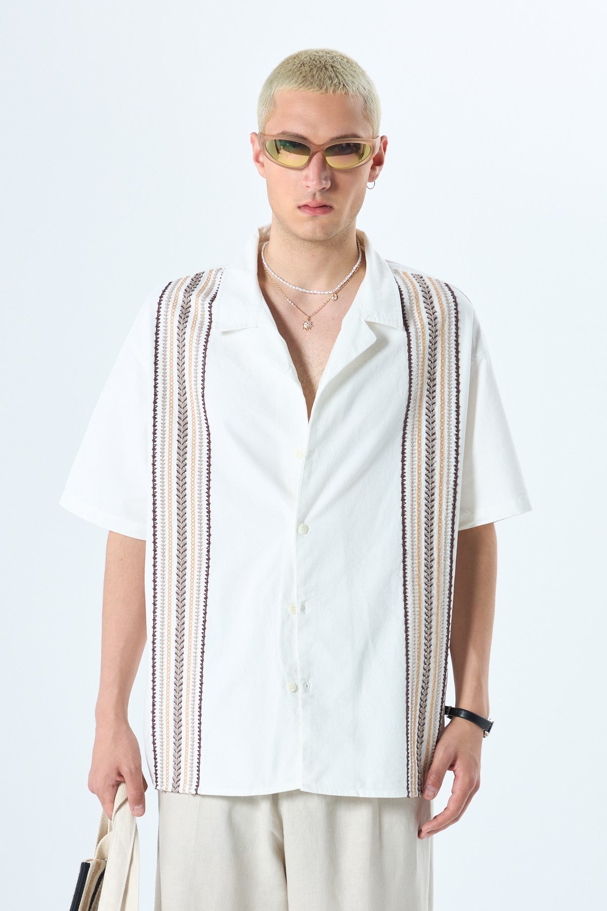 Oversized Short-Sleeve Linen Shirt with Embroidery Details and No Pockets