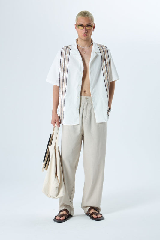 Oversized Short-Sleeve Linen Shirt with Embroidery Details and No Pockets