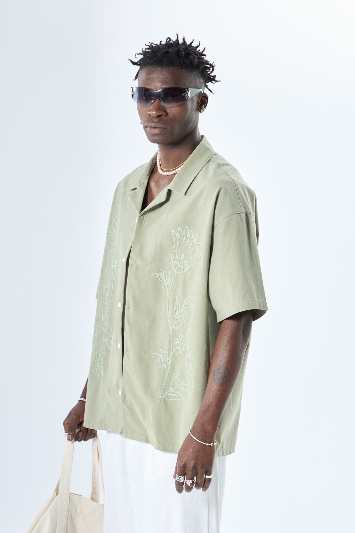 Short-Sleeved Oversized Linen Shirt with Embroidered Details