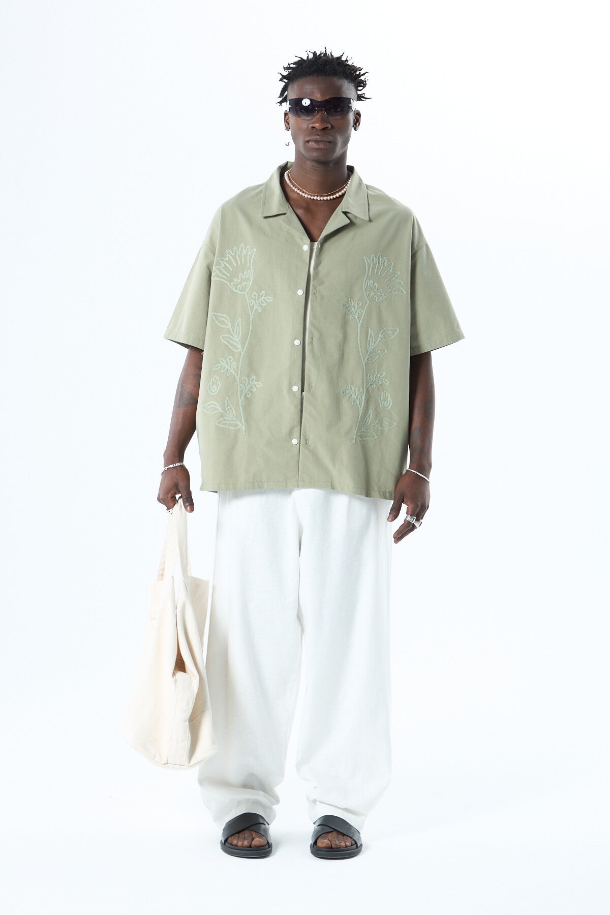 Short-Sleeved Oversized Linen Shirt with Embroidered Details