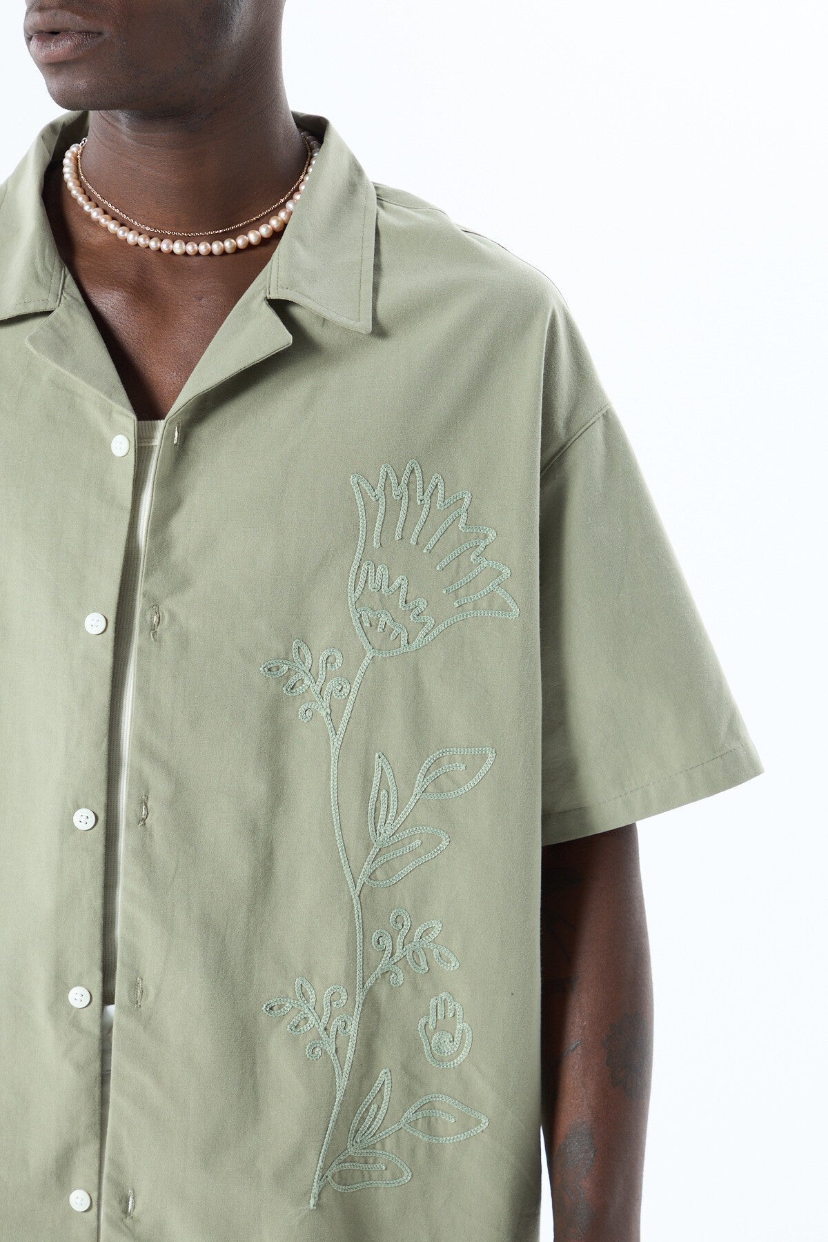Short-Sleeved Oversized Linen Shirt with Embroidered Details