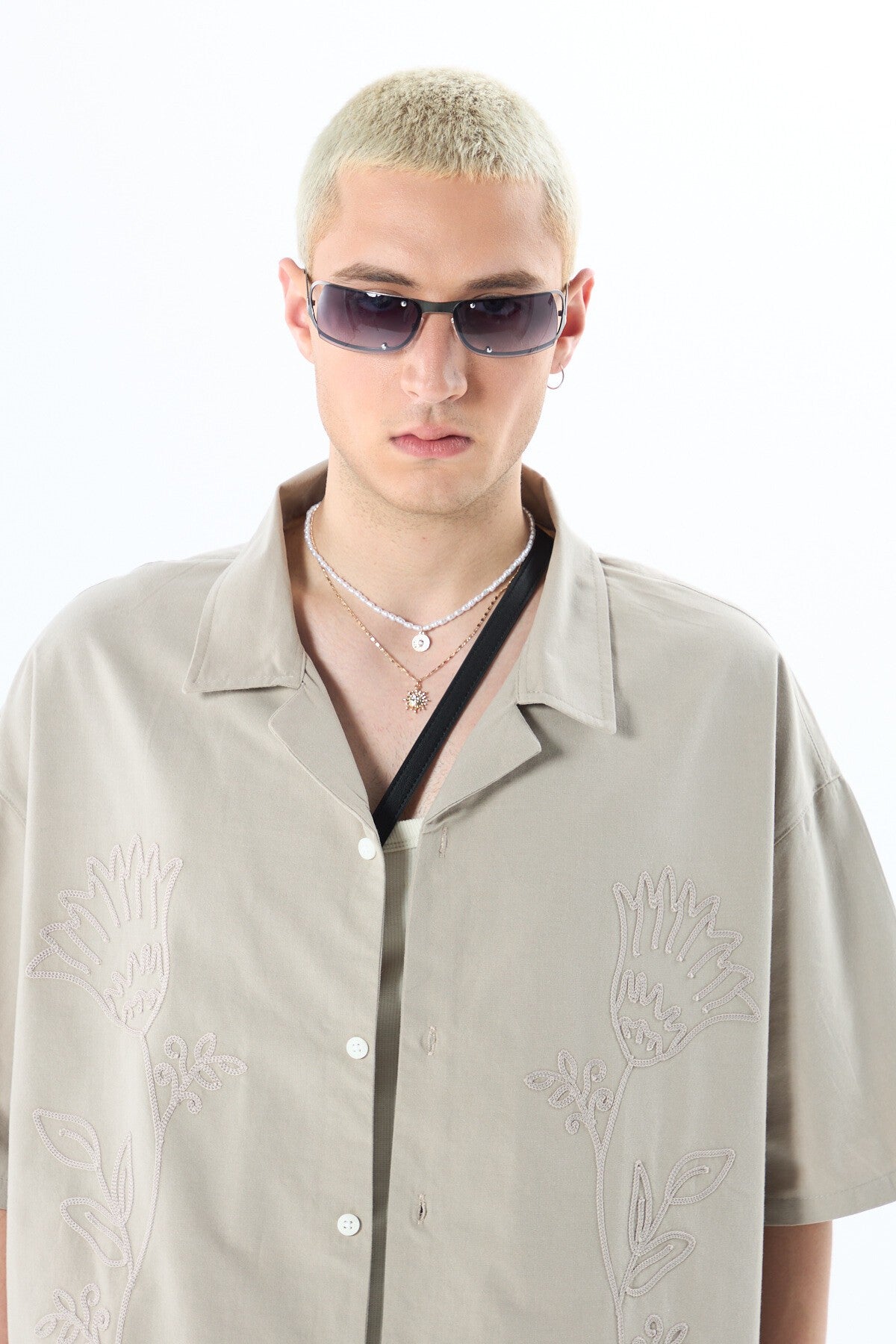 Short-Sleeved Oversized Linen Shirt with Embroidered Details