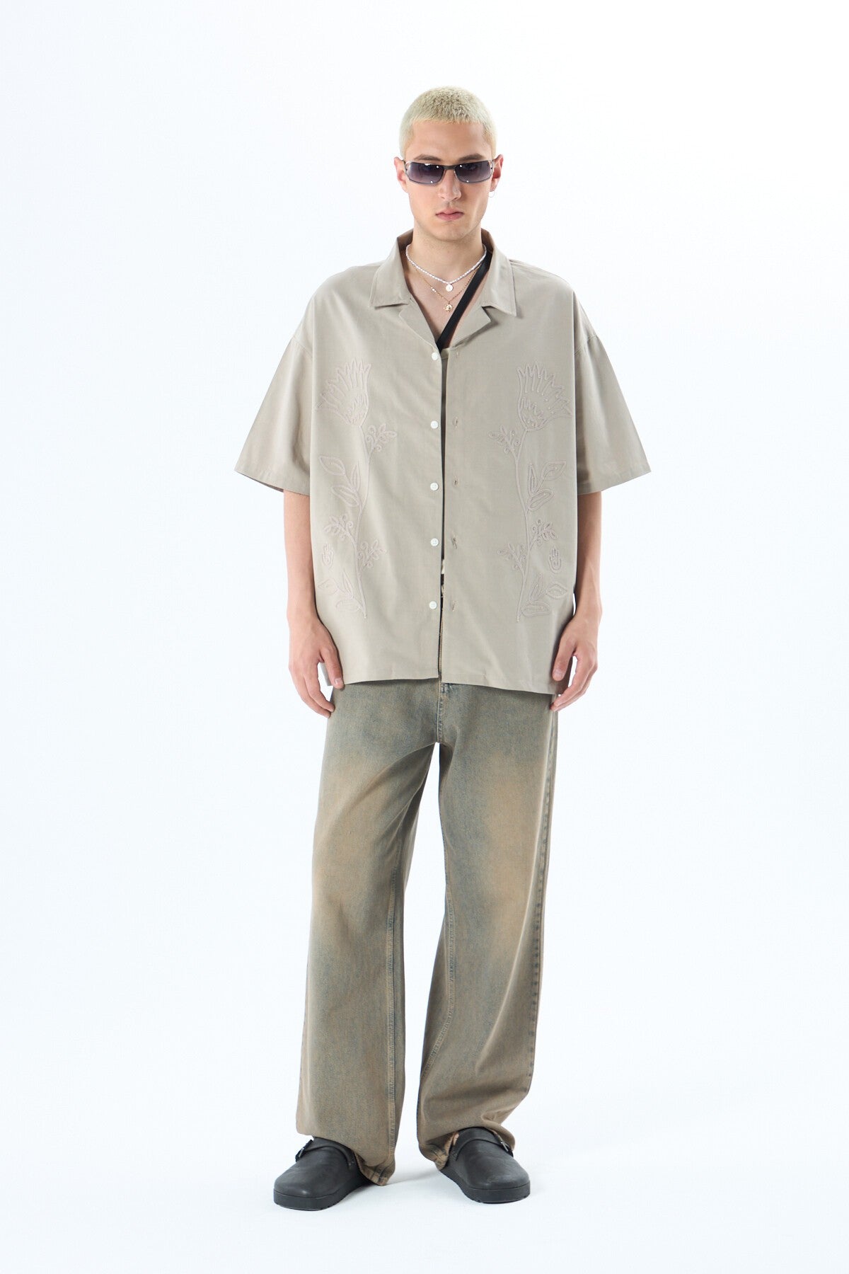 Short-Sleeved Oversized Linen Shirt with Embroidered Details