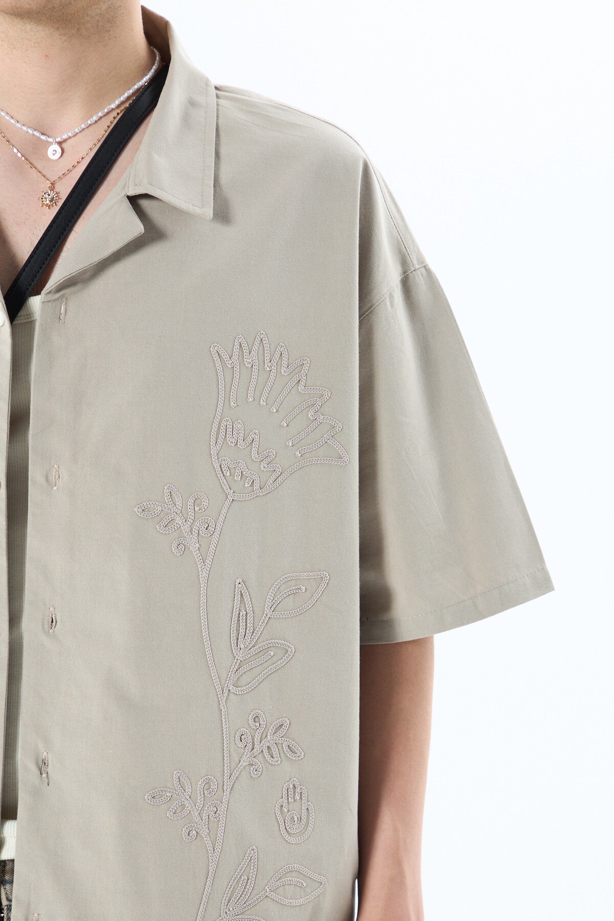 Short-Sleeved Oversized Linen Shirt with Embroidered Details