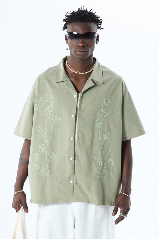 Short-Sleeved Oversized Linen Shirt with Embroidered Details