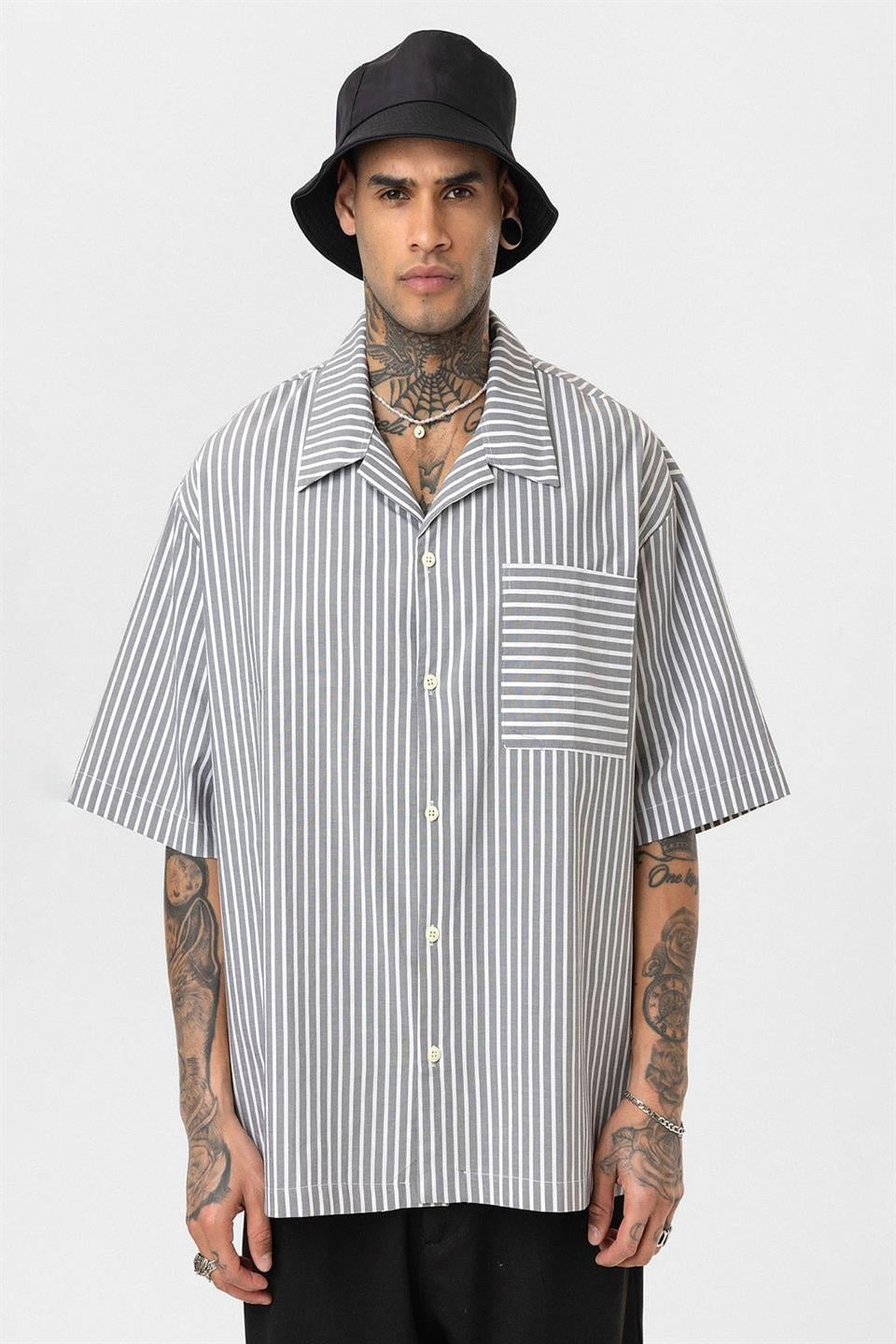 Striped Short-Sleeve Oversized Shirt