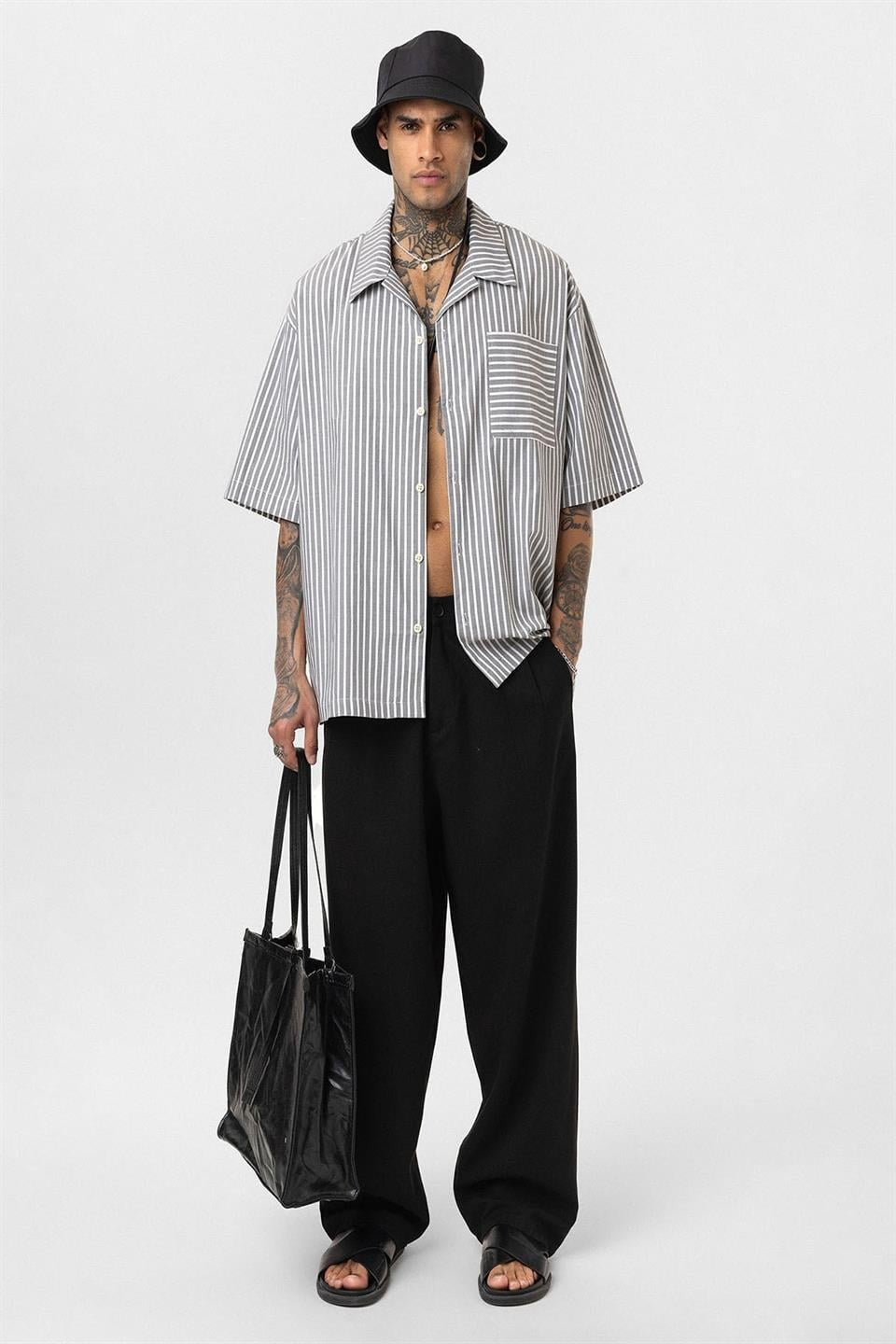 Striped Short-Sleeve Oversized Shirt