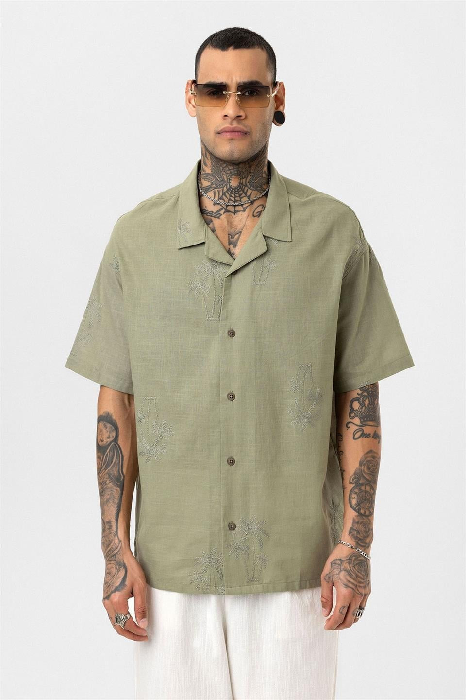 Oversized Short-Sleeve Shirt with Embroidery Details