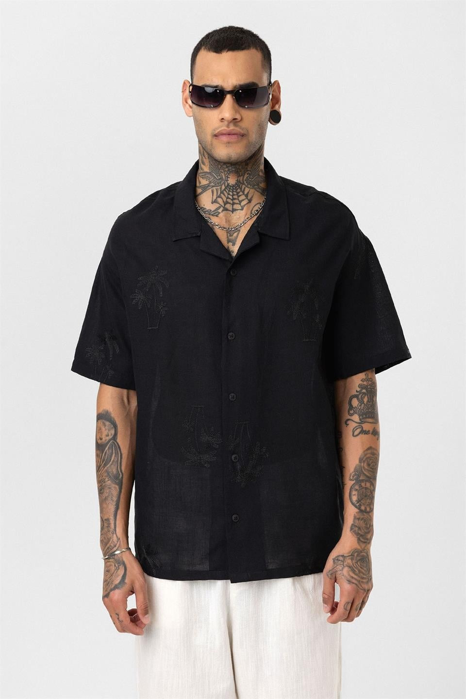 Oversized Short-Sleeve Shirt with Embroidery Details