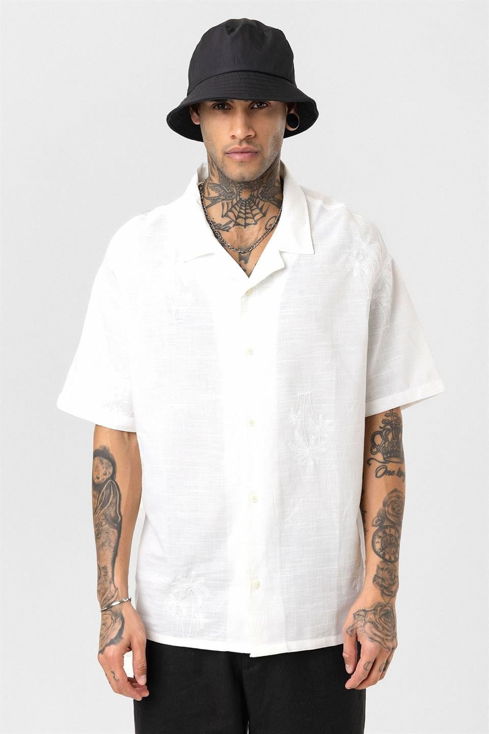 Oversized Short-Sleeve Shirt with Embroidery Details