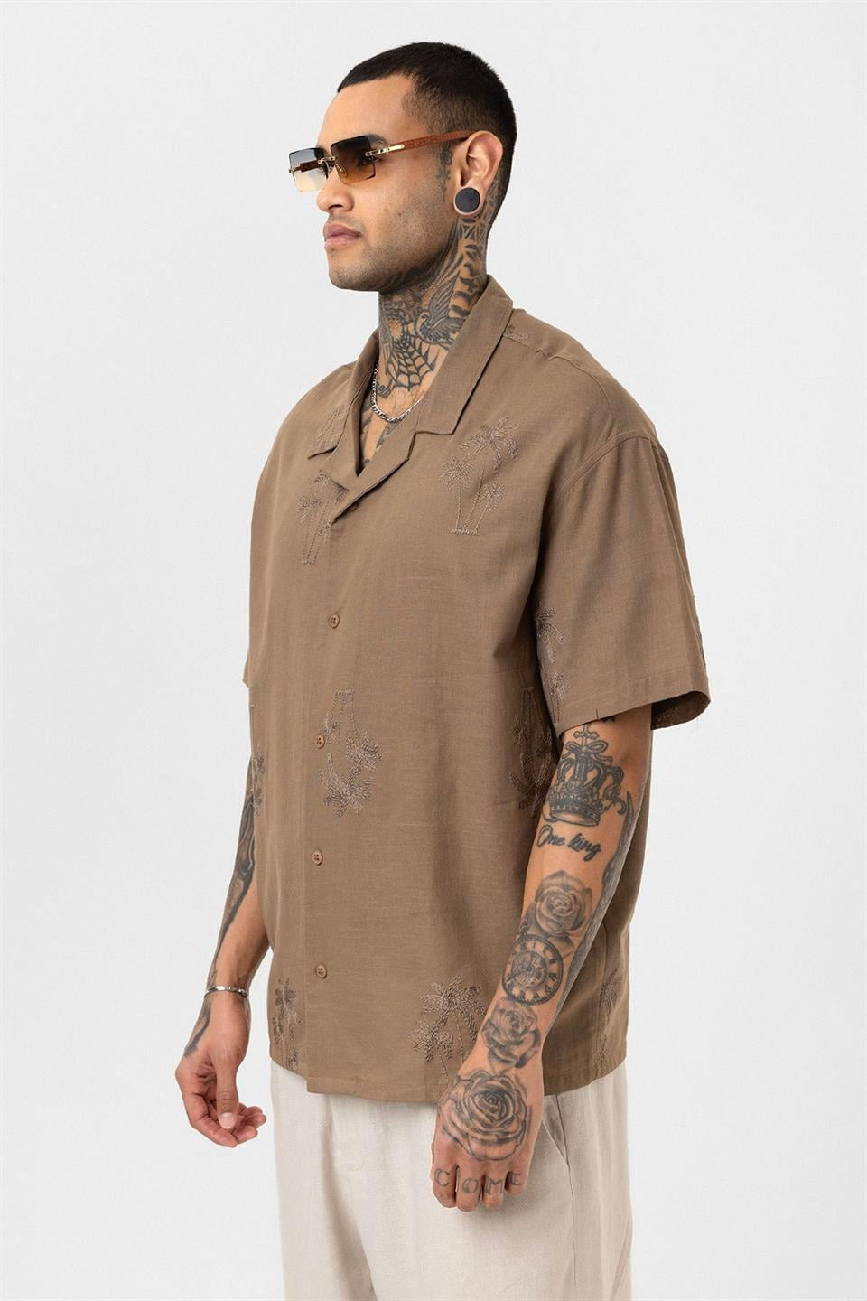 Oversized Short-Sleeve Shirt with Embroidery Details