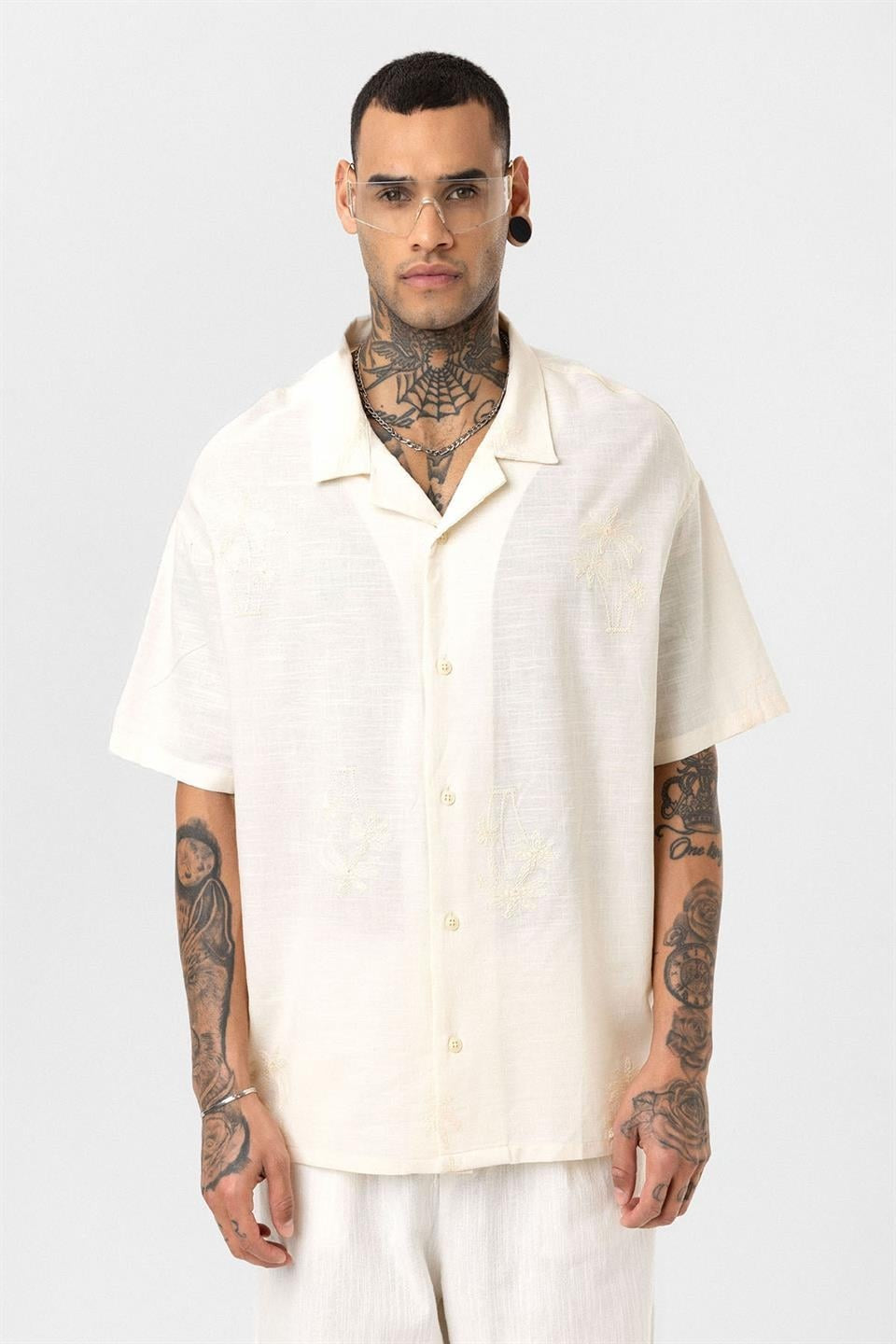 Oversized Short-Sleeve Shirt with Embroidery Details