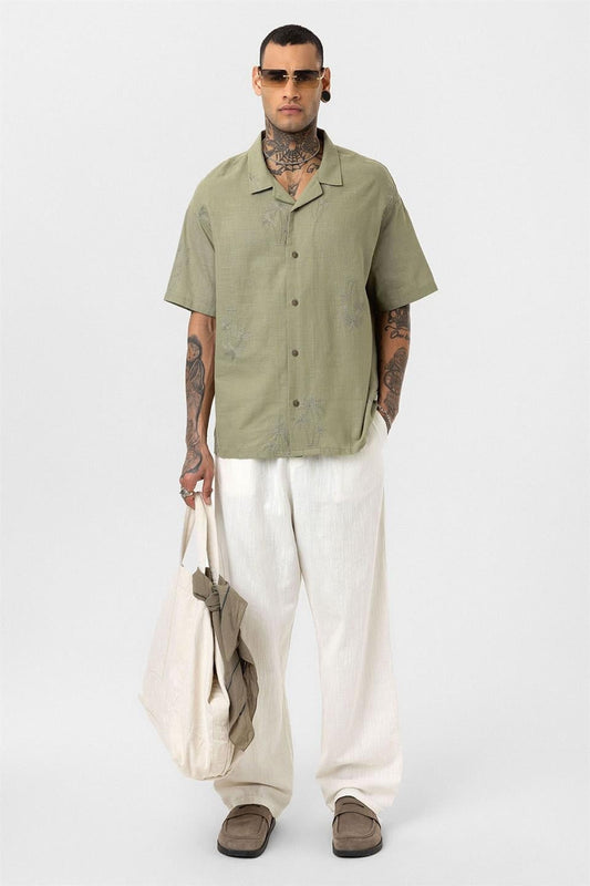 Oversized Short-Sleeve Shirt with Embroidery Details