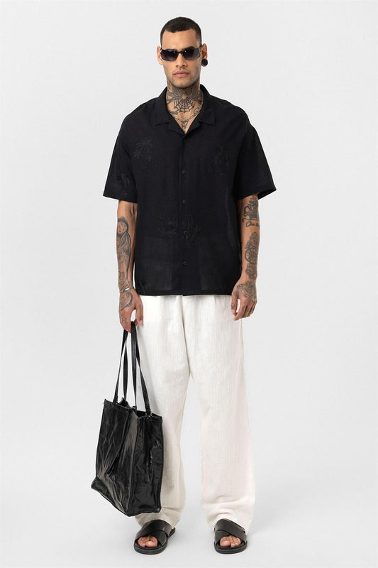 Oversized Short-Sleeve Shirt with Embroidery Details