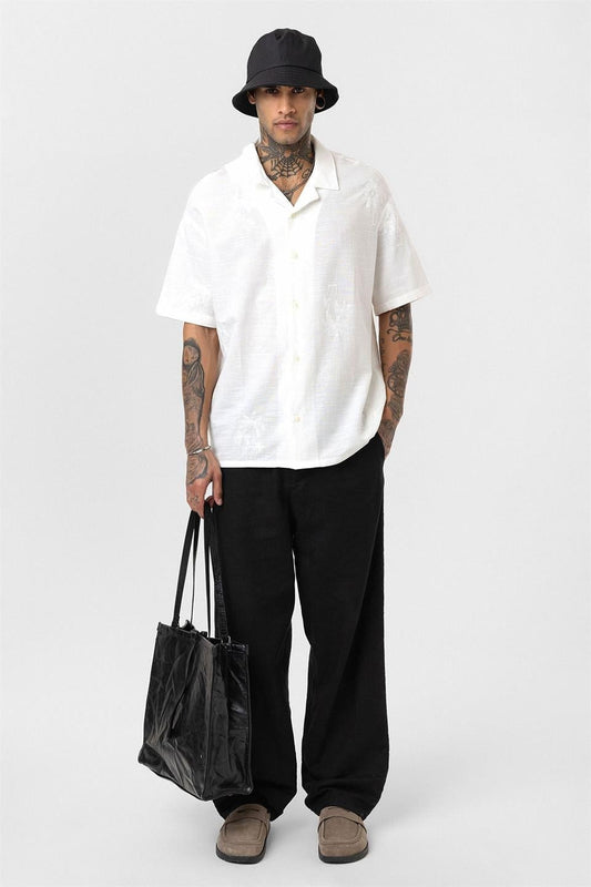Oversized Short-Sleeve Shirt with Embroidery Details