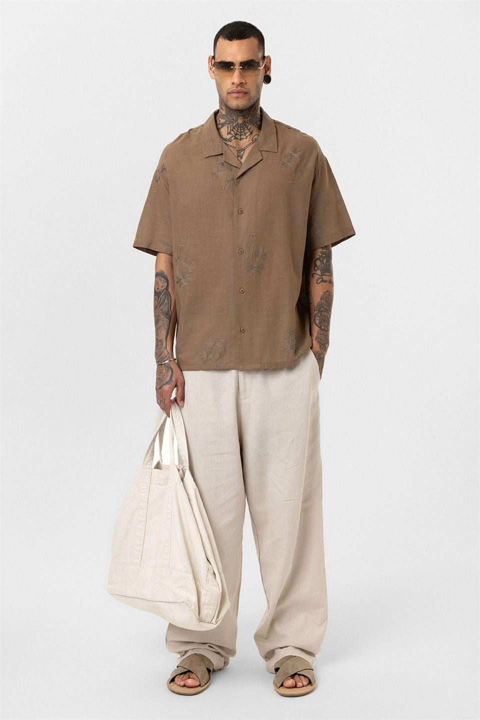Oversized Short-Sleeve Shirt with Embroidery Details