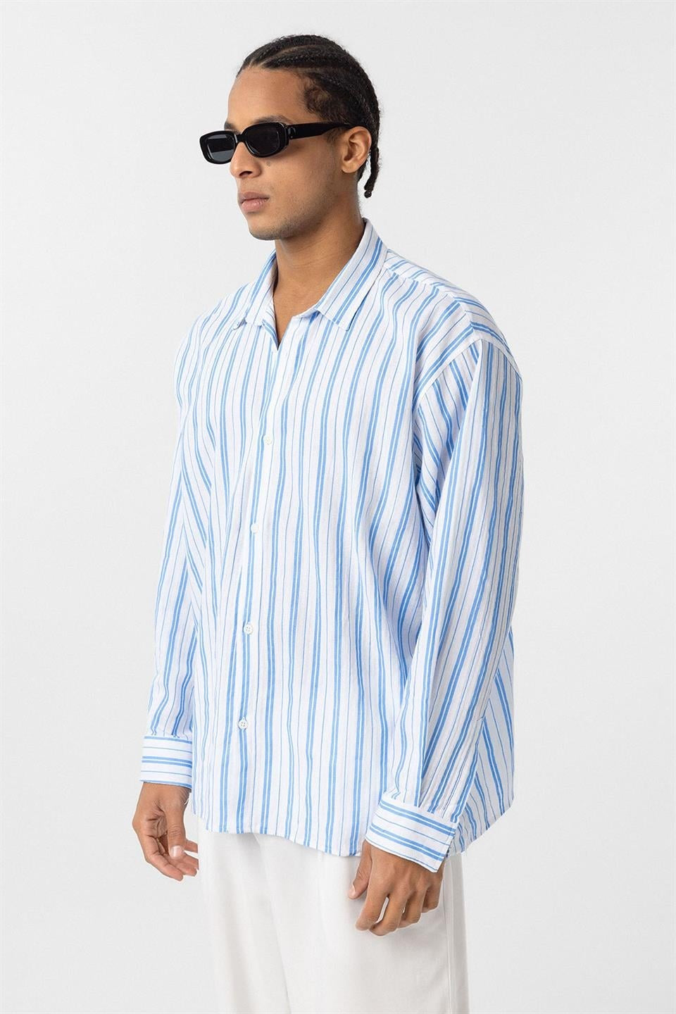 Striped Long-Sleeved Oversized Linen Shirt