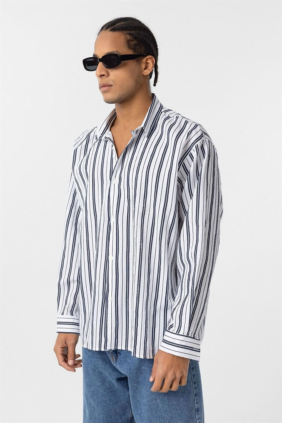 Striped Long-Sleeved Oversized Linen Shirt