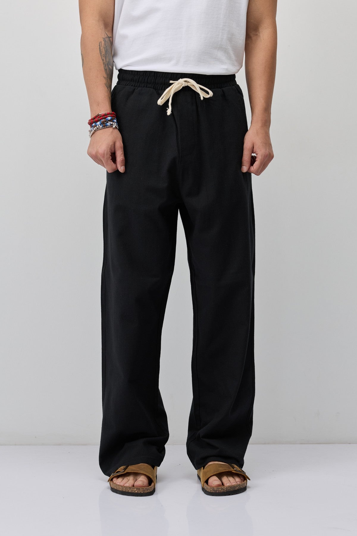 Lace-Up Baggy-Fit Linen Pants