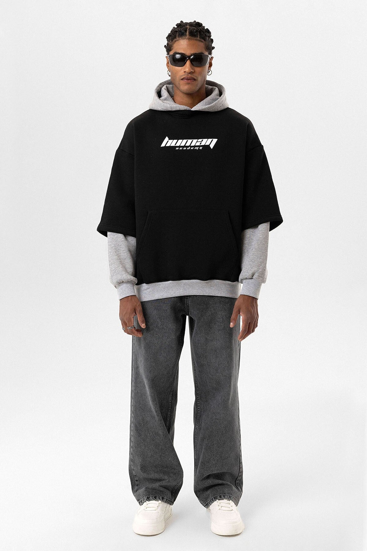 Oversized Sweatshirt with Printed Double-Sleeve Detail