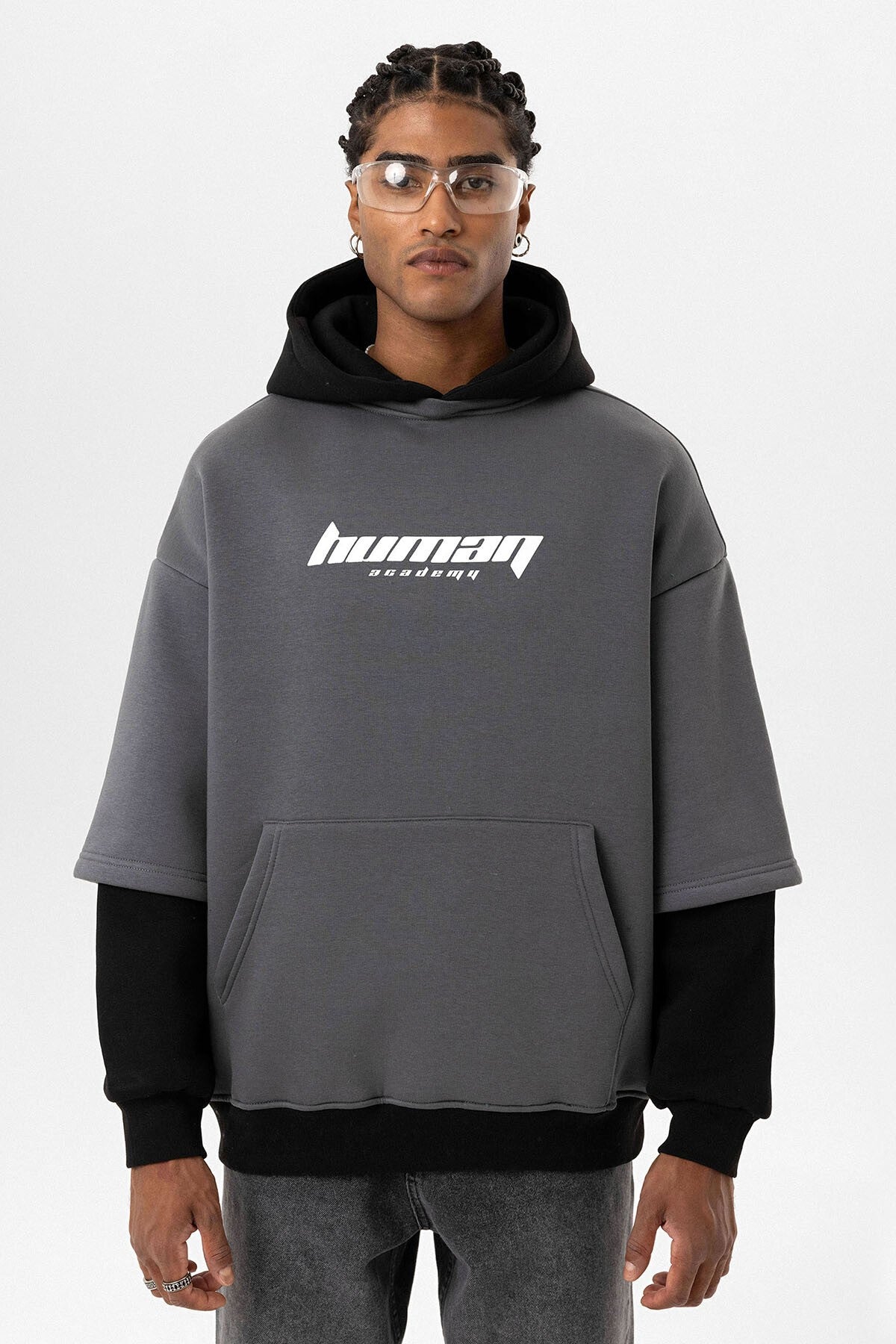 Oversized Sweatshirt with Printed Double-Sleeve Detail