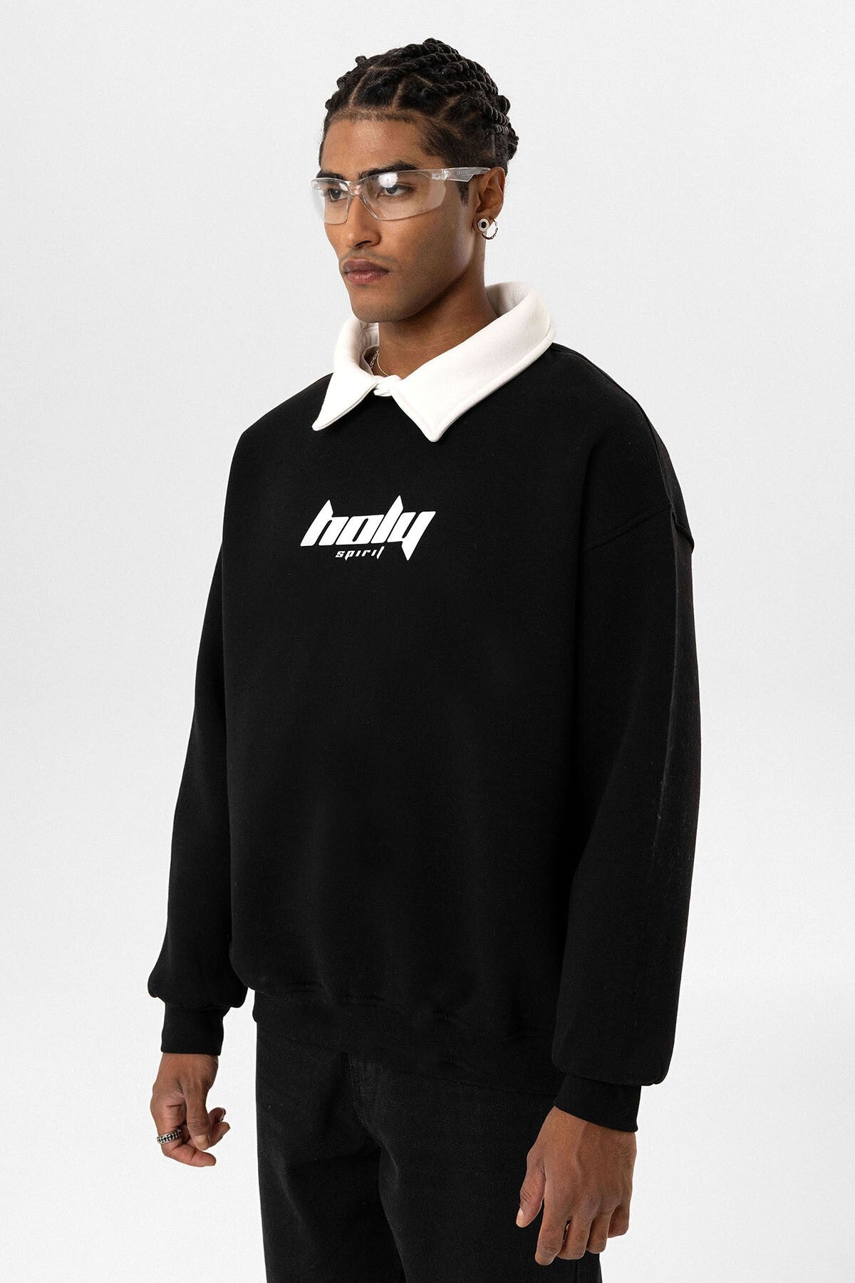Oversized Printed Sweatshirt with a Polo Collar