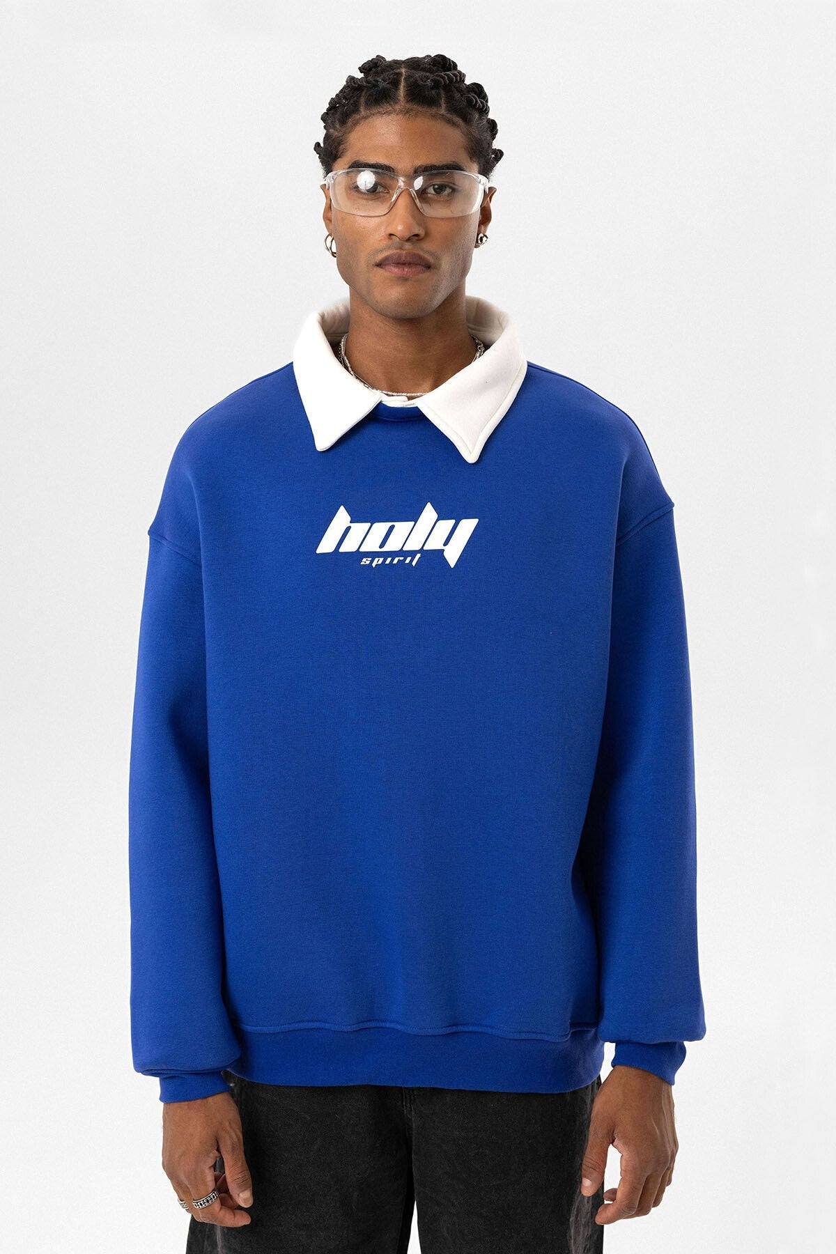 Oversized Printed Sweatshirt with a Polo Collar