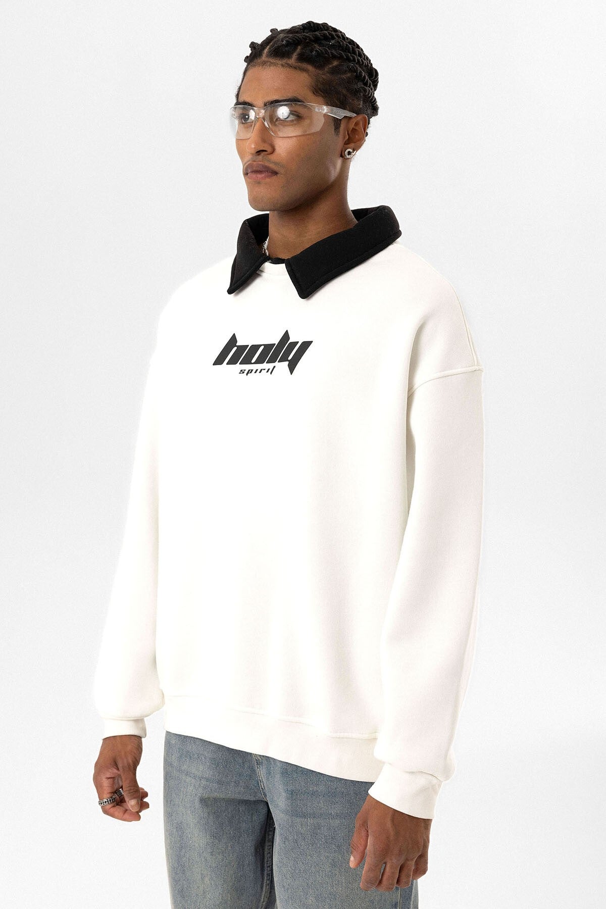 Oversized Printed Sweatshirt with a Polo Collar