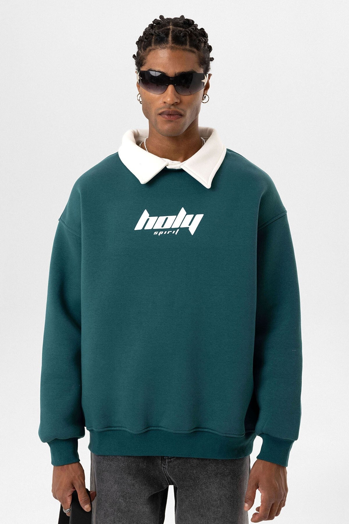 Oversized Printed Sweatshirt with a Polo Collar