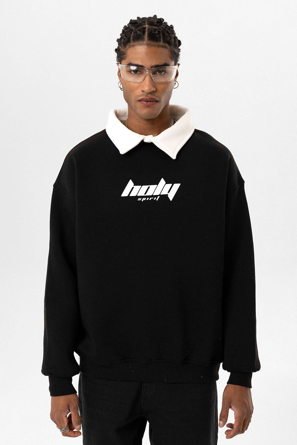 Oversized Printed Sweatshirt with a Polo Collar