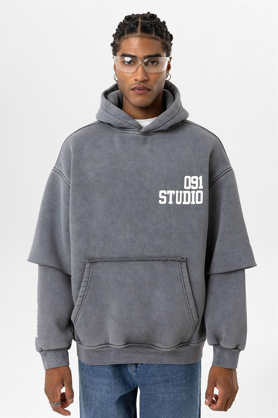 Oversized Hooded Sweatshirt with Double-Sleeve Detail (Washed)
