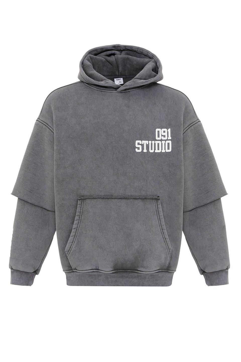 Oversized Hooded Sweatshirt with Double-Sleeve Detail (Washed)