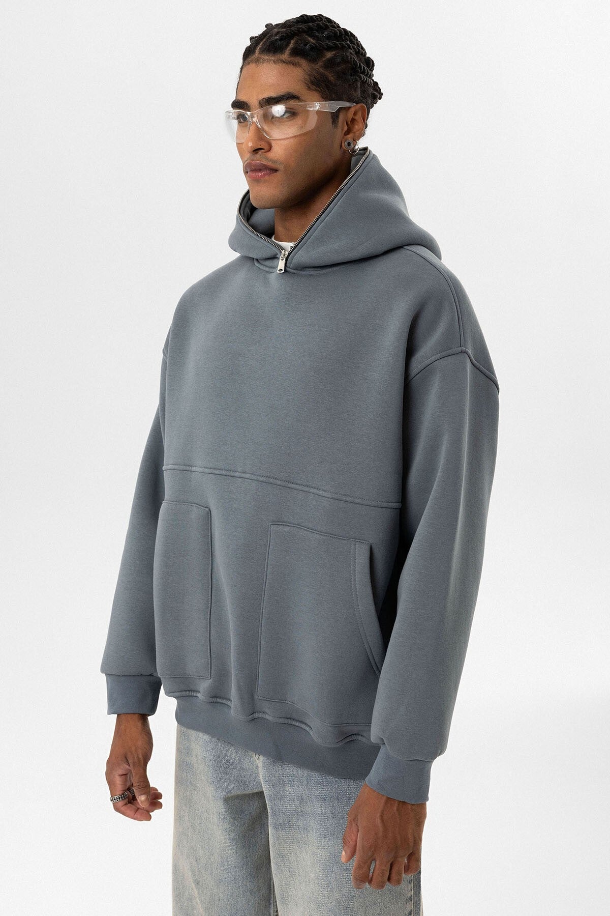 Hooded Sweatshirt with Double-Pocket Zipper Detail