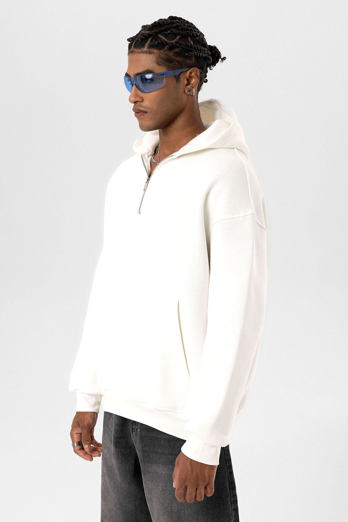 Basic Oversized Hooded Sweatshirt with Zipper Detail