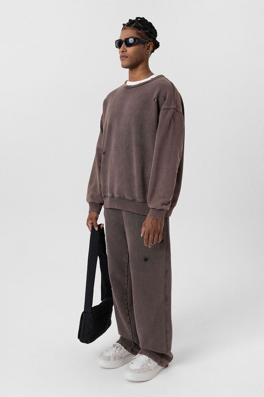 Premium Washed Oversized Sweatsuit Set with Ripped Details
