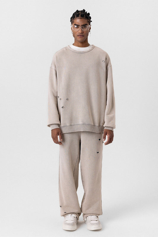 Premium Washed Oversized Sweatsuit Set with Ripped Details